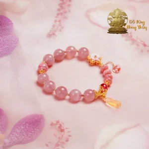 Lắc Tay Đá Thạch Anh Hồng Mix Đá Đào Hoa & Charm Bạc